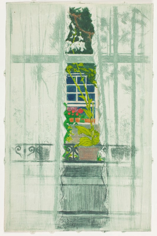 A Window Seen Through a Window, 1897, Theodore Roussel, French, worked in England, 1847-1926, England, Color etching and aquatint, inked à la poupée, on cream laid paper, 221 × 143 mm (image, trimmed within plate mark), 225 × 146 mm (sheet)