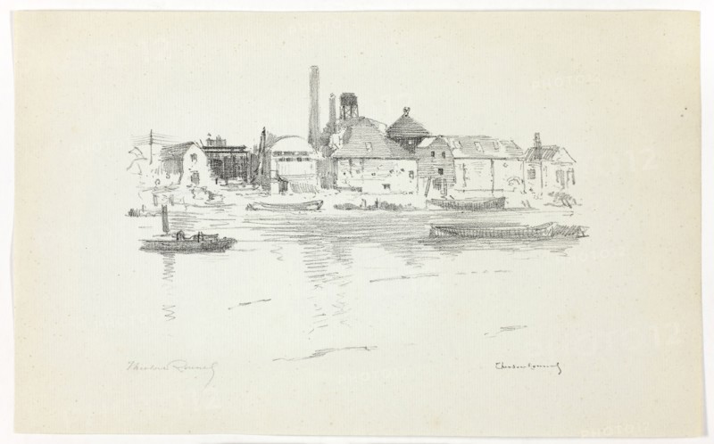 Battersea from the River, Low Tide, 1890–94, Theodore Roussel, French, worked in England, 1847-1926, England, Transfer lithograph in black on cream laid paper, 145 × 215 mm (image), 195 × 318 mm (sheet)