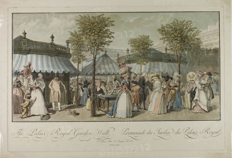 The Palais Royal Garden Walk, 1787, Louis Le Coeur (French, active 1780-1806), after Claude Louis Desrais (French, 1746-1816), France, Color etching and wash manner, with engraving, on ivory laid paper, 288 × 547 mm (image), 378 × 566 mm (plate), 417 × 607 mm (sheet)