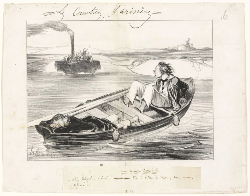 An Unpleasant Encounter, plate sixteen from Les Canotiers Parisiens, 1843, Honoré-Victorin Daumier, French, 1808-1879, France, Lithograph in black, with additions in pen and dark brown ink and caption in pen and brown ink, on ivory wove paper, tipped onto ivory wove paper, 200 × 267 mm (image), 272 × 349 mm (sheet)