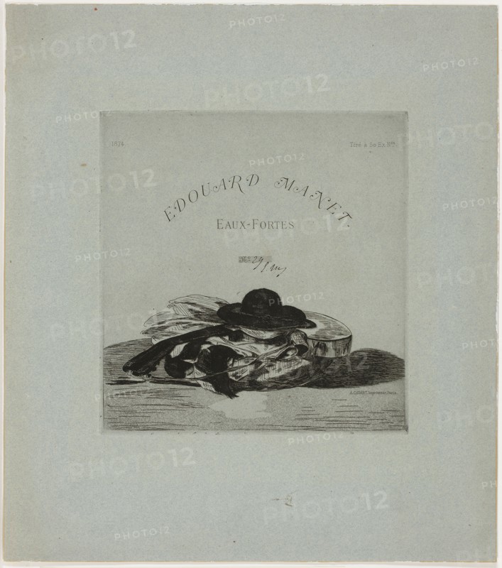 Hat and Guitar, frontispiece for the edition of fourteen etchings, 1874, Édouard Manet (French, 1832-1883), published by Alfred Cadart (French, 1828-1875), France, Etching, aquatint, drypoint, and engraving in black on blue wove paper, 230 × 218 mm (image/plate), 394 × 348 mm (sheet)