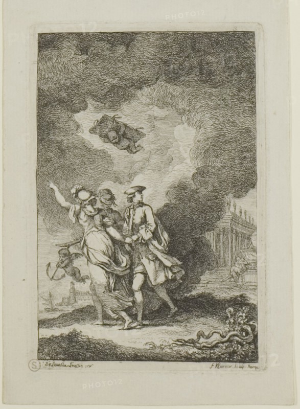 Plate from, Nella Venuta, 1764, Franz Edmund Weirotter (Austrian, 1730–1771), after Etienne de Lavallée-Poussin (French, 1735–1802), France, Etching in black on ivory laid paper, 130 × 87 mm (image), 137 × 94 mm (plate), 162 × 115 mm (sheet)