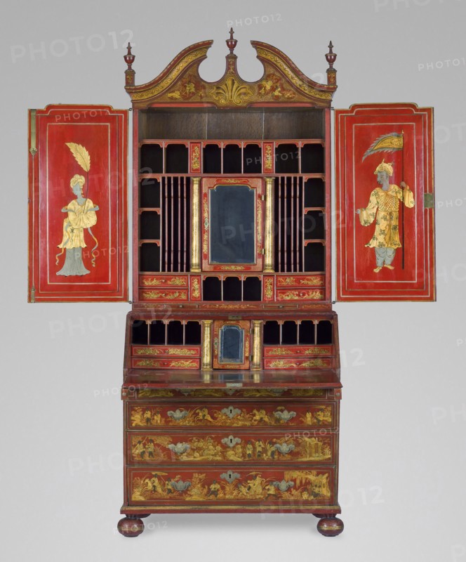 Secretary Cabinet, c. 1735, Attributed to Giles Grendey, English, 1693–1780, Clerkenwell, London, England, Wood with red and gold lacquer decoration, mirror glass, and brass mounts, 245.1 × 108 × 59.7 cm (96 1/2 × 42 1/2 × 23 1/2 in.)