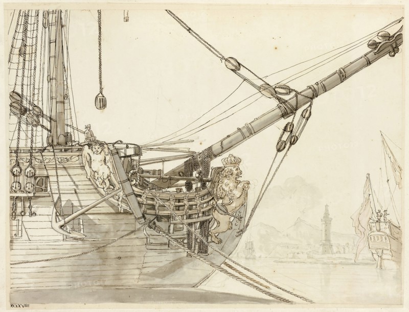 Study of a Warship’s Prow with British Warships and Naples Harbor Beyond, c. 1748, Claude-Joseph Vernet, French, 1717-1789, France, Pen and iron gall ink, with brush and dark gray, light gray and brownish gray wash, over black chalk, on ivory laid paper, laid down on ivory laid paper, 366 × 479 mm (primary support), 458 × 537 mm (secondary support)