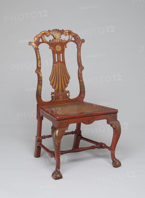 Chair, c. 1735, Attributed to Giles Grendey (English, 1693–1780), England, Wood with red and gold lacquer decoration and caned seat, 105.3 × 58.4 × 55.2 cm (41 1/2 × 23 × 21 3/4  in.)