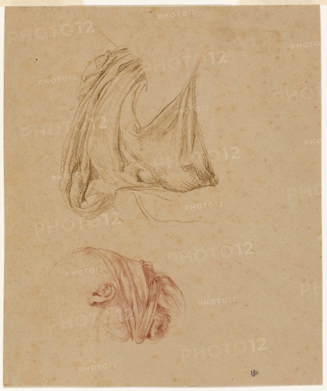 Study for Festival, c. 1875, Sir Edward John Poynter, English, 1836-1919, England, Brown and red chalks on buff wove paper, hinged to cream wove paper, 252 × 213 mm (primary support), 472 × 328 mm (secondary support)