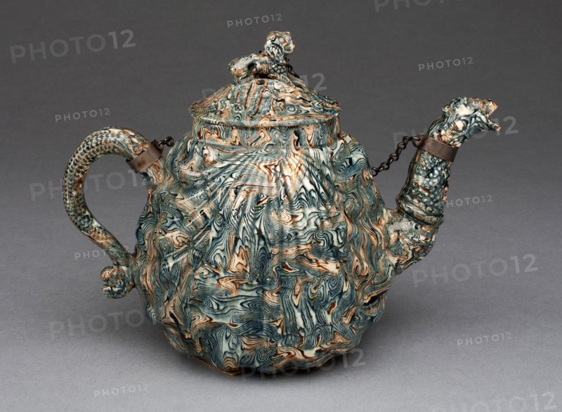 Teapot, 1750/59, Staffordshire, England, Staffordshire, Lead-glazed earthenware (agateware), 13.3 x 17 x 8.7 cm (5 1/4 x 4 x 3 7/16 in.)