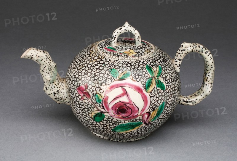 Teapot, 1755/65, Staffordshire, England, Staffordshire, Salt-glazed stoneware, polychrome enamels, 10.8 x 17.8 x 10.8 cm (4 1/4 x 7 x 4 1/4 in.)