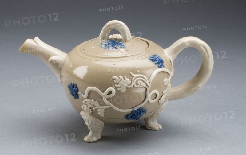 Teapot, 1750/55, Staffordshire, England, Staffordshire, Salt-glazed stoneware, with applied decoration and polychrome enamels, 9.2 x 15.6 x 9.2 cm (3 5/8 x 6 1/8 x 3 5/8 in.)