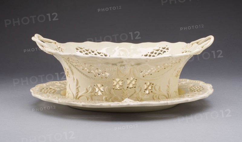 Fruit Basket and Stand, 1780/1800, Leeds Pottery, English, founded 1756, Yorkshire, Lead-glazed earthenware (creamware), Basket: 9.2 x 27 x 20.3 cm (3 5/8 x 10 5/8 x 8 in. )