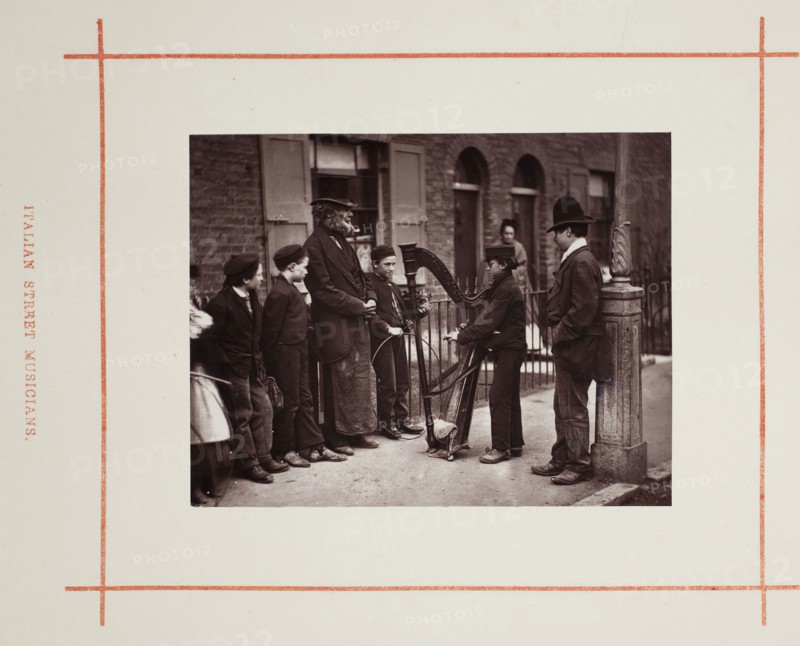 Italian Street Musicians, 1877, John Thomson, Scottish, 1837–1921, Scotland, Woodburytype, from the album "Street Life in London