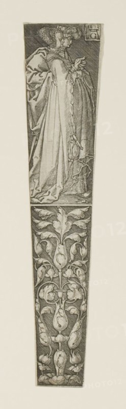 Dagger Sheath with a Young Couple Above, 1532, Heinrich Aldegrever, German, 1502-1561, Germany, Engraving in black on ivory laid paper, 158 × 34 mm (image/plate/sheet)