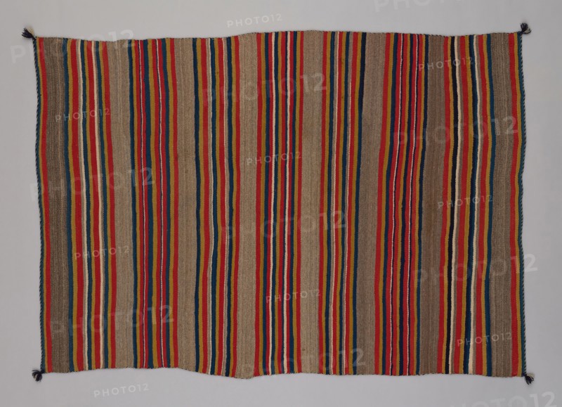 Shoulder Blanket with Plain-Stripe Design, 1860/90, Navajo (Diné), Northern New Mexico or Arizona, United States, New Mexico, Wool, plain weave with "lazy lines" and dovetail tapestry weave, twined warp ends and selvages, knotted corner tassels, 177.8 x 125.4 cm (70 x 49 3/8 in.)