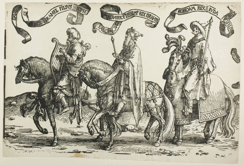 David, Solomon, Rehoboam, plate one, from The Twelve Kings of Israel, c. 1520, Lucas van Leyden, Netherlandish, c. 1494-1533, Netherlands, Woodcut in black with touches of pen and brown ink on buff laid paper, 315 x 496 mm (image), 339 x 499 mm (sheet, trimmed within block)