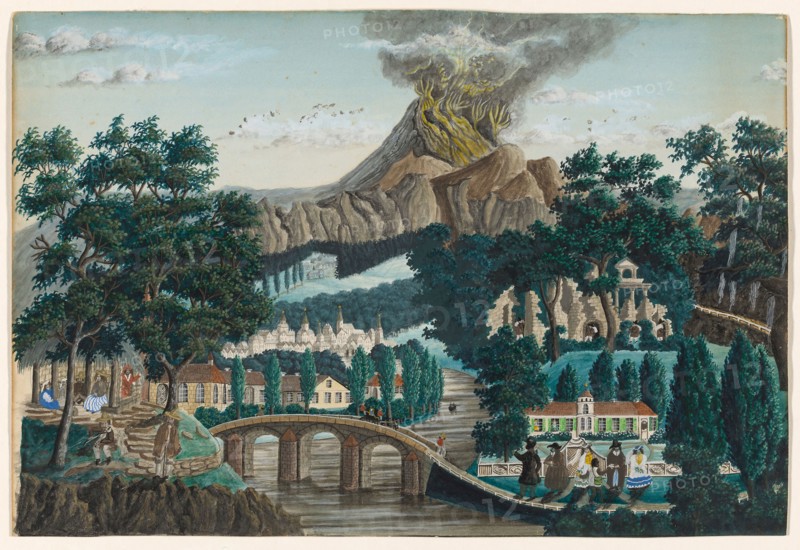 Landscape with Erupting Volcano, Bridge and Wedding Party, n.d., Ernst Damitz, American, born Germany, 1805-1883, United States, Watercolor over graphite on ivory wove paper, 230 x 350 mm