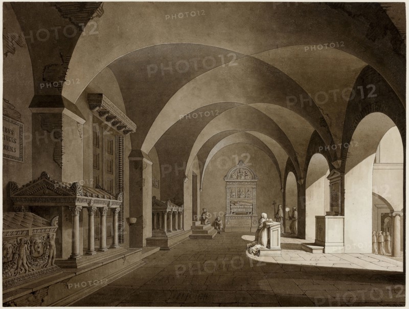A View in San Lorenzo Fuori le Mura, Rome, c. 1820, Gustav Friedrich Hetsch, German, 1788-1864, Germany, Pen and brown ink and brush and various brown washes on ivory wove paper, edge-mounted to an ivory laid paper inlay, 295 × 388 mm