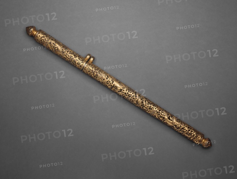 Pen Case with Dragons and Foliate Design, 15th/16th century, Tibet, Derge, Tibet, Gilt iron, 37.5 cm (14 3/4 in.)