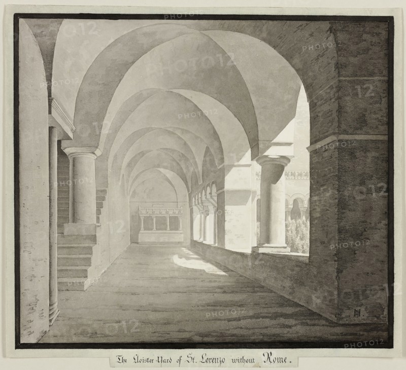 The Cloister of San Lorenzo Fuori le Mura, Rome, 1827, Unknown Artist, German or Scandinavian, 19th century, Germany, Brush and various gray washes over traces of graphite, on ivory wove paper, laid down on cream wove paper, 276 × 303 mm