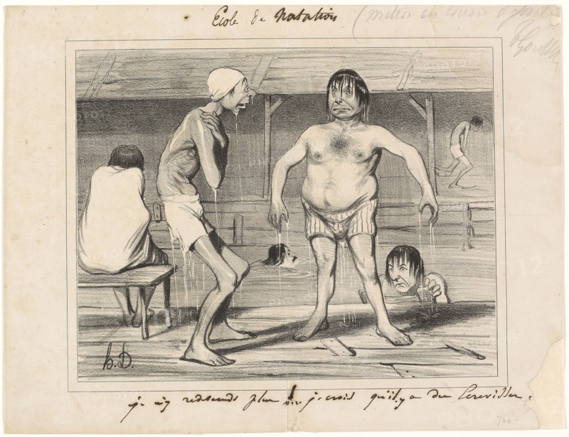 I’m Not Going in There Anymore!, I Think There are Crayfish Down There…, plate one from Les Baigneurs, 1839/42, Honoré Victorin Daumier, French, 1808-1879, France, Lithograph in black, with additions in pen and iron gall ink, on cream wove paper, 221 × 276 mm (image), 270 × 352 mm (sheet)