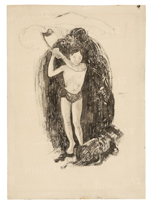 Man with an Ax, 1893/94, Paul Gauguin, French, 1848–1903, France, Pen and black ink, and brush and black wash, with pen and brown ink (originally purple) and touches of graphite, on heavily textured ivory wove paper, 351 × 251 mm