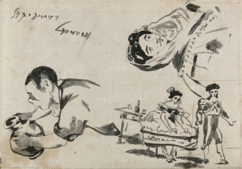 Sketches from The Gypsies, The Spanish Ballet, and Lola de Valence for L’Autographe au Salon de 1865, 1865, Édouard Manet, French, 1832–1883, France, Brush and black ink and wash over graphite on ivory laid paper, pieced in the lower left, 181 × 126 mm
