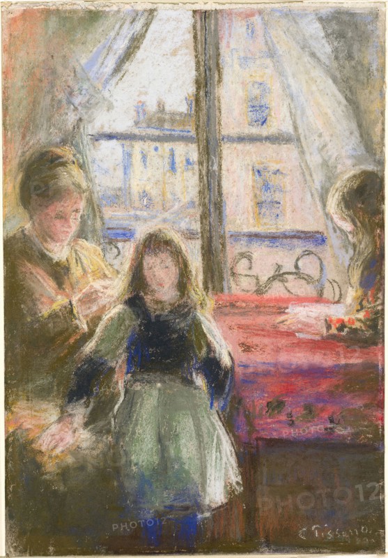 At the Window, rue des Trois Frères, 1878–79, Camille Pissarro, French, 1830–1903, France, Pastel on cream wove pastel paper, perimeter mounted on light gray wove paper, 380 × 263 mm (primary support), 382 × 264 mm (secondary support)