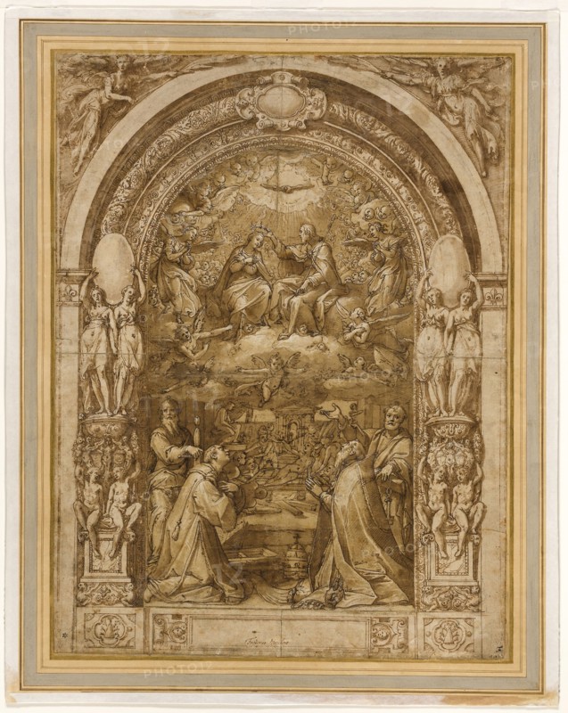 Coronation of the Virgin, with the Martyrdom of Saint Lawrence, c. 1570, Federico Zuccaro, Italian, c.1542-1609, Italy, Pen and brown ink with brush and brown wash, heightened with lead-white gouache (partially oxidized), over touches of black chalk, on cream laid paper, pieced and laid down on ivory card, 571 x 427 mm