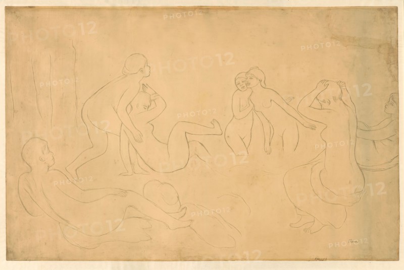Bathers in a Forest, 1895/97, Pierre Auguste Renoir, French, 1841–1919, France, Graphite on tan wove paper, laid down on ivory Japanese paper, 638 × 984 mm