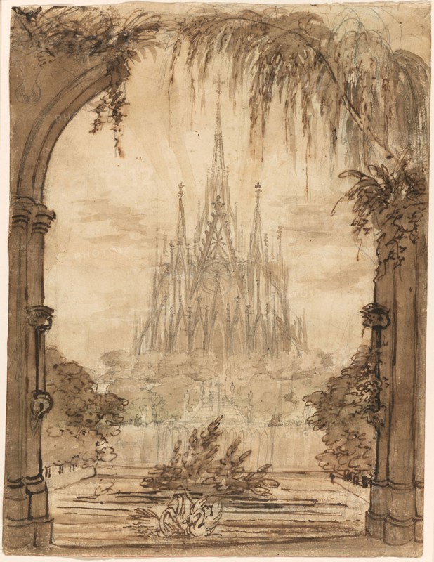 Gothic Cathedral Behind a Pond with Swans, 1810/15, Karl Friedrich Schinkel, German, 1781-1841, Germany, Pen and brush and brown wash, with brush and brown wash and watercolor, over graphite, on cream wove paper, 244 x 185 mm