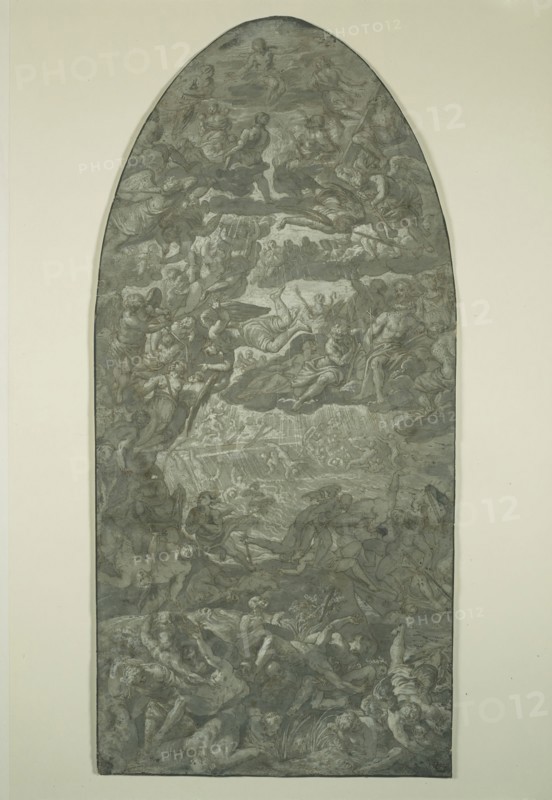 The Last Judgment, n.d., Jacopo Robusti, called Tintoretto, Italian, 1519-1594, Italy, Pen and brown ink, with gray gouache, over black chalk, heightened with lead-white gouache (discolored), on blue laid paper, pieced, and laid down on ivory laid paper, 623 x 296 mm