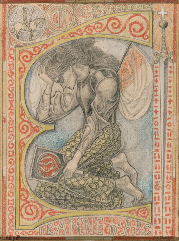 Joan of Arc, 1898, Jan Toorop, Dutch, 1858–1928, The Netherlands, Graphite and colored pencils on tan wove board, 158 x 117 mm (sheet), 229 x 187 mm (mount)