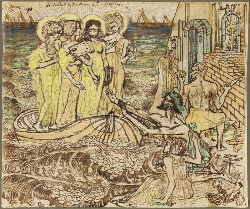 The Arrival of the Muses of Art at Architecture, 1890, Jan Toorop, Dutch, 1858–1928, Netherlands, Pen and brown ink and colored crayons on cream wove paper (discolored to buff), pieced, 206 x 248 mm