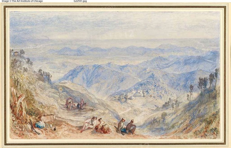 Mussooree and the Dhoon from Landour, c. 1835, Joseph Mallord William Turner, English, 1775–1851, England, Watercolor and gouache, over graphite, on off-white wove paper, edge mounted on cream wove card, 123 × 202 mm