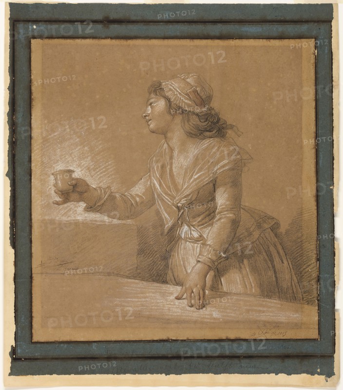 Portrait of Marie-Gabrielle Capet, 1790, François-André Vincent, French, 1746-1816, France, Black and white chalks, with touches of red chalk, on tan laid paper, laid down on cream wove paper, with margins in blue laid paper and pen and iron gall ink, 462 × 440 mm (primary support), 588 × 512 mm (secondary support)