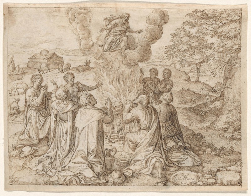 Noah’s Sacrifice, plate IX from The Creation and Early History of Man, 1606, Jan Wierix, Flemish, 1549-c. 1620, Flanders, Pen and brown ink on parchment, 94 × 123 mm