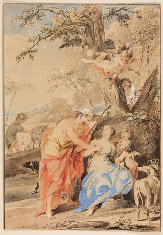 Jupiter and Mnemosyne, 1733, Jacob de Wit, Flemish, 1695-1754, Flanders, Pen and brown and black ink and brush and brown and gray wash, with watercolor, heightened with white gouache, over traces of graphite on ivory laid paper, 449 × 310 mm