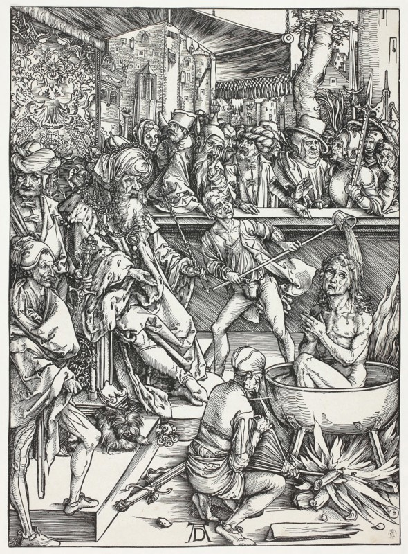 The Martyrdom of Saint John, from The Apocalypse, 1495–99, Albrecht Dürer, German, 1471-1528, Germany, Woodcut in black on ivory laid paper, 386 × 281 mm (image/sheet, block mark not visible)