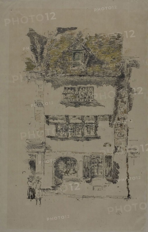 Yellow House, Lannion, 1893, James McNeill Whistler, American, 1834-1903, United States, Transfer lithograph, with scraping on stone, from fine-grained transfer paper (keystone) and thin, transparent transfer paper (color stones), in color (black, warm gray, dark brown, red brown, green-gray, gray and ochre) on cream Japanese paper, 319 x 205 mm