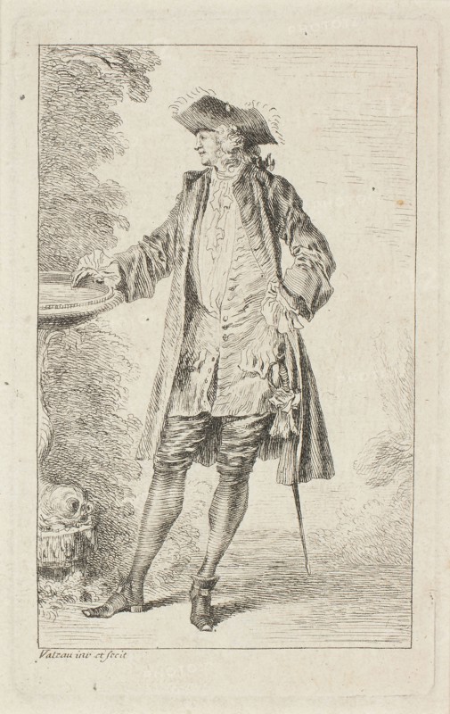 Figures du mode, c. 1710, Jean Antoine Watteau, French, 1684-1721, France, Etching in black on ivory laid paper, 111 × 69 mm (image), 124 × 78 mm (plate), 142 × 95 mm (sheet)