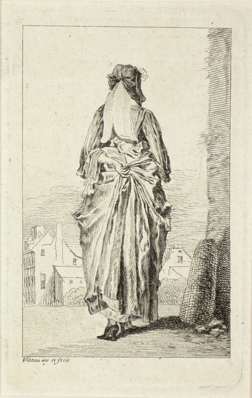 Figures du mode, c. 1710, Jean Antoine Watteau, French, 1684-1721, France, Etching in black on ivory laid paper, 109 × 69 mm (image), 125 × 78 mm (plate), 142 × 95 mm (sheet)