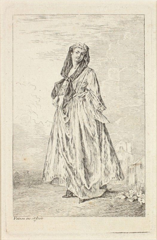 Figures du mode, c. 1710, Jean Antoine Watteau, French, 1684-1721, France, Etching in black on ivory laid paper, 110 × 73 mm (image), 125 × 80 mm (plate), 142 × 97 mm (sheet)