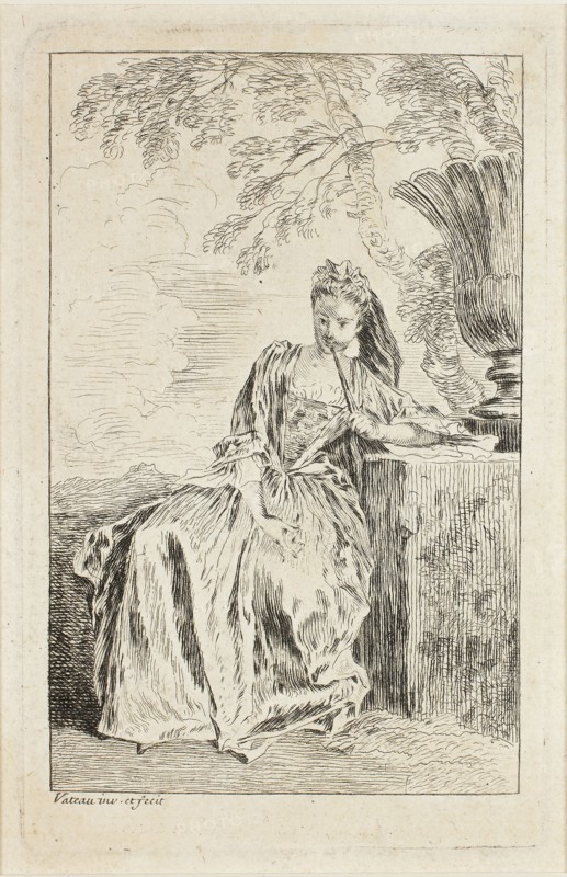 Figures du mode, c. 1710, Jean Antoine Watteau, French, 1684-1721, France, Etching in black on ivory laid paper, 112 × 71 mm (image), 125 × 79 mm (plate), 146 × 95 mm (sheet)