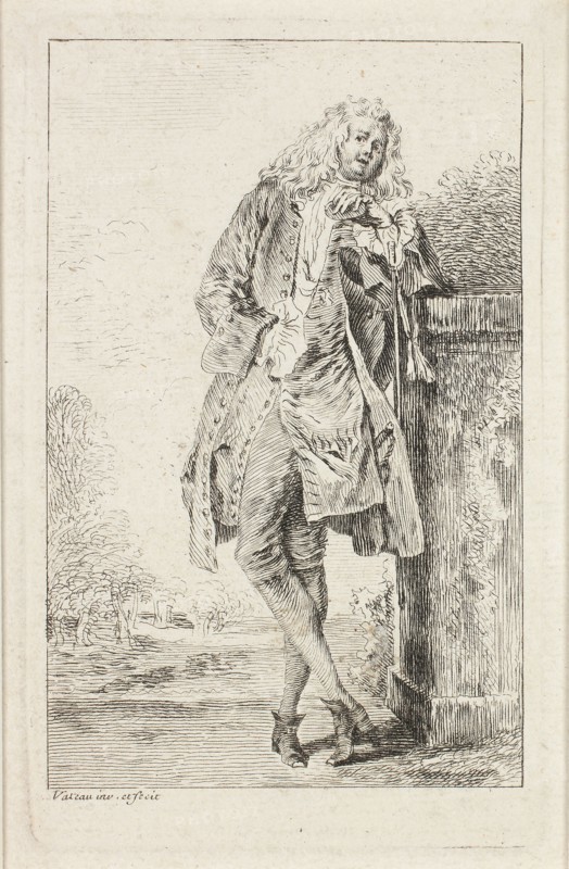 Figures du mode, c. 1710, Jean Antoine Watteau, French, 1684-1721, France, Etching in black on ivory laid paper, 109 × 70 mm (image), 122 × 76 mm (plate), 137 × 92 mm (sheet)