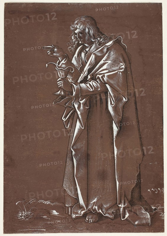Saint John the Evangelist, 1519, Hans Franckenberger, the Elder, German, active 1519-c. 1530, Germany, Pen and black ink, with brush and gray wash, heightened with white gouache, on cream laid paper, prepared with a brown wash ground, laid down on cream laid paper, 292 × 203 mm