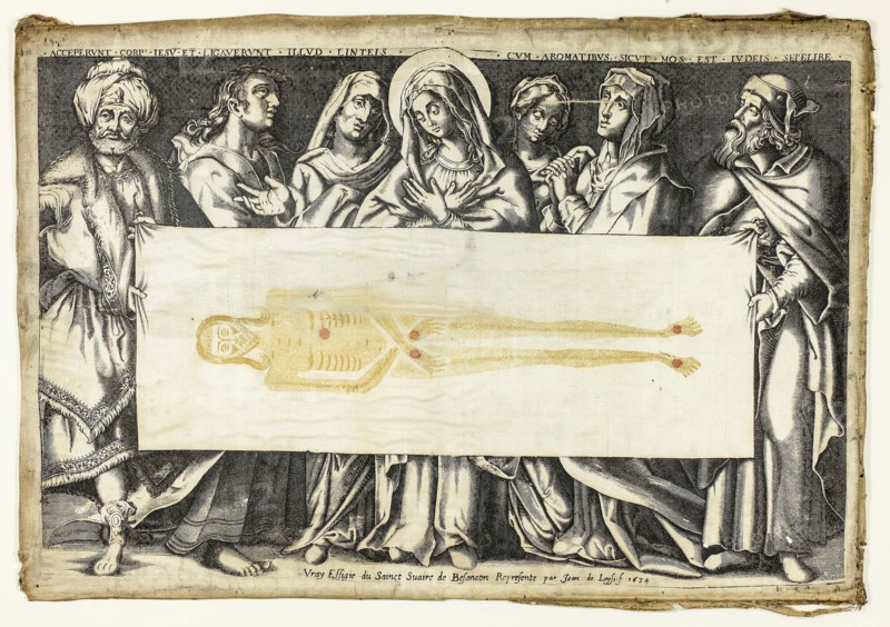 The Holy Shroud of Besançon, 1634, Jean de Loisy, French, 1603-after 1660, France, Engraving in black and yellowish brown, with hand additions in red gouache on cream, silk satin weave, folded, 275 × 418 mm (image), 274 × 417 mm (plate), 310 × 442 mm (sheet, folded)