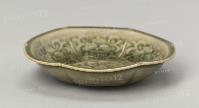 Dish with Petal-Lobed Rim, Stylized Peony, and Sickle-Leaf Scrolls, Northern Song dynasty (960–1127), 11th/12th century, China, Yaozhou ware, stoneware with underglaze molded decoration, H. 2.0 cm (13/16 in.), diam. 11.4 cm (4 1/2 in.)