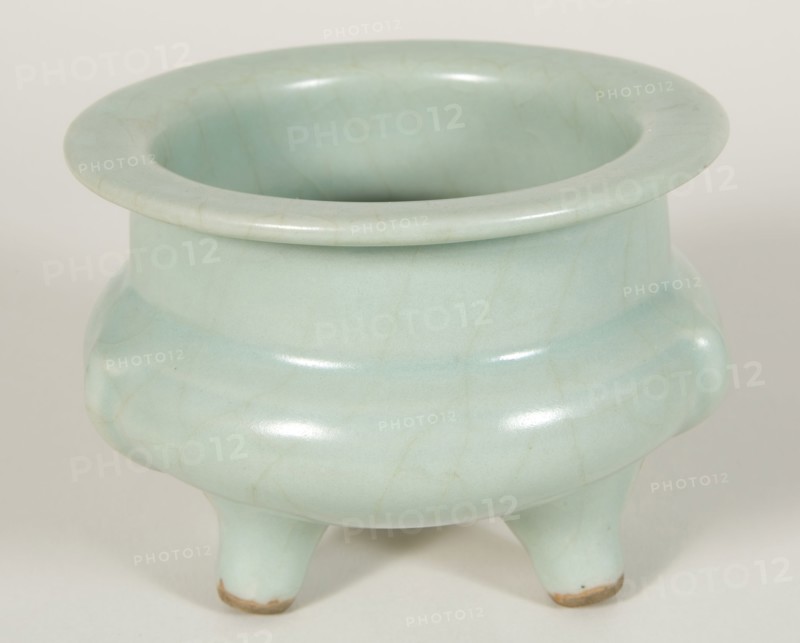 Cylindrical Tripod Censer (Incense Burner) with Cloud-Scroll Feet, Southern Song dynasty (1127–1279), China, Longquan ware, glazed stoneware with underglaze molded decoration, H. 7.4 cm (2 15/16 in.), diam. 9.8 cm (3 7/8 in.)