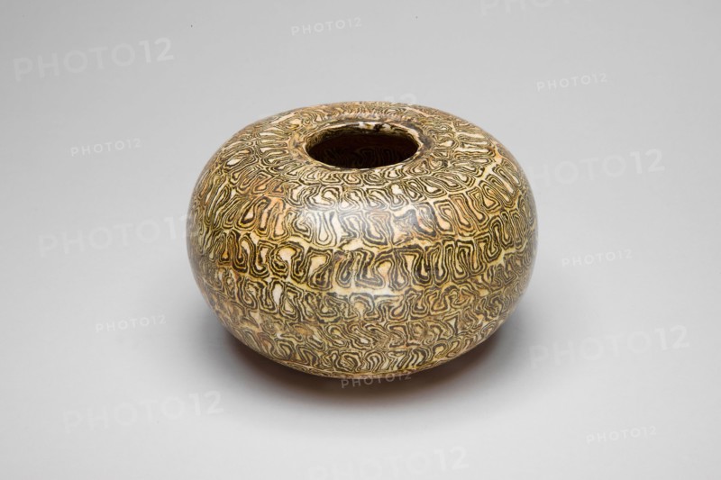 Compressed Spherical Bowl (Alms Bowl), Song dynasty (960–1279), China, Marbled earthenware with clear glaze, H. 6.4 (2 9/16 in.), diam. 10.6 cm (4 3/16 in.)