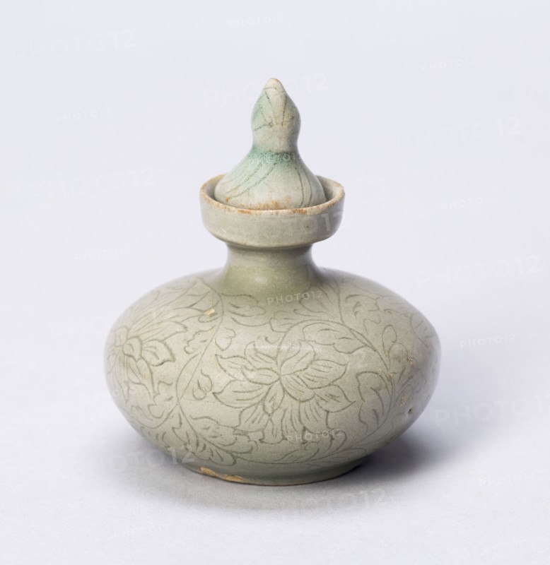 Covered Oil Bottle with Peony Sprays, Goryeo dynasty (918–1392), 12th century, Korean, Korean Peninsula, Stoneware with underglaze incised decoration, H. 6.3 cm (2 1/2 in.), diam. 5.4 cm (2 1/8 in.)