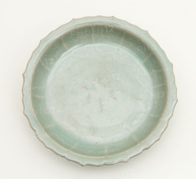 Foliate and Lobed Dish with Floral Sprays, Goryeo dynasty (918–1392), 12th century, Korea, South Korea, Stoneware with underglaze molded decoration, H. 3.4 cm (1 3/8 in.), diam. 11.5 cm (4 9/16 in.)